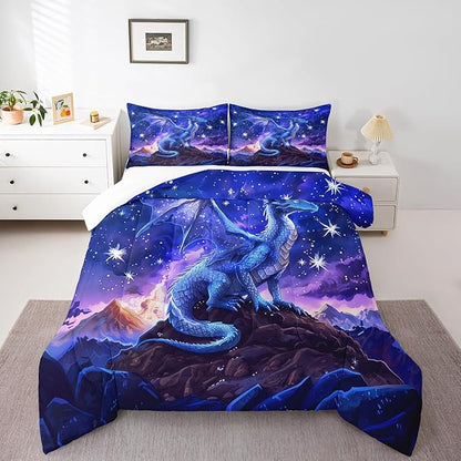 Dragon Comforter Set Queen Size,Starry Sky Mountains Bedding Set for Kids Girls Boys Room Decor,Blue Purple Western Magical Quilt Set 3Pcs,Wild Animal Trippy Duvet Insert,2 Pillowcases