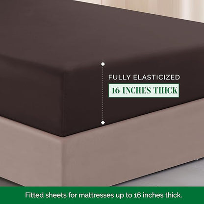 Elegant Comfort Luxurious 1500 Premium Hotel Quality Microfiber Three Line Embroidered Softest 4-Piece Bed Sheet Set, Wrinkle and Fade Resistant, King, Chocolate Brown