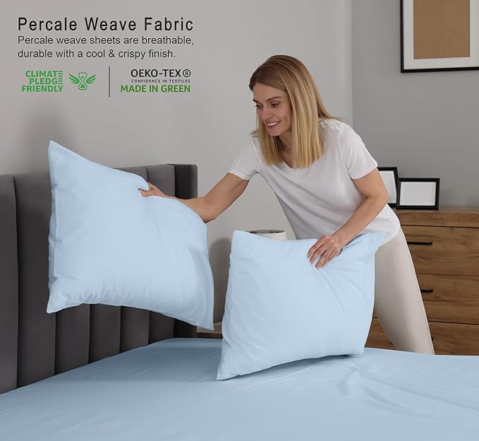 RUVANTI 100% Cotton Sheets – California King Percale Bedding, Cooling & Breathable, Durable with a Crisp, Soft & Comfortable Feel, 14" Deep Pocket, 4-Piece Set, Baby Blue