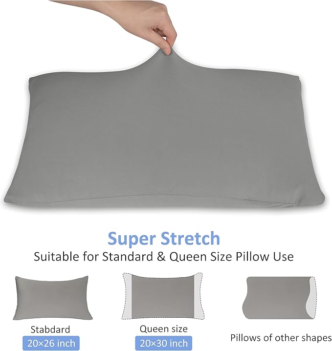 Jersey Knit Pillow Cases Standard/Queen Set of 2 - Grey Pillowcases with Ultra Soft T-Shirt Like Microfiber Blend - Envelope Closure & Suitable for Queen/Standard Pillows, Light Gray