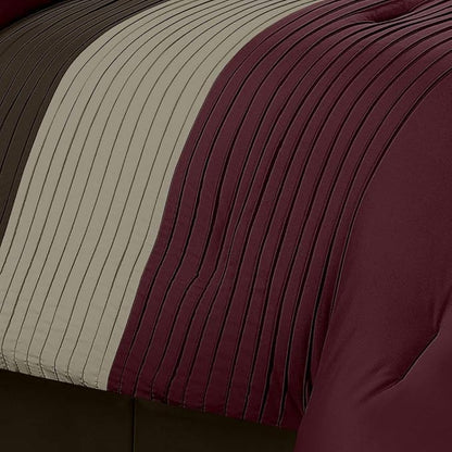 Chezmoi Collection Loft 8-Piece Luxury Striped Comforter Set (King, Burgundy/Coffee/Brown)