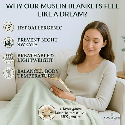 CLOUDSCAPE 100% Cotton Muslin Throw Blanket for Adults - 4 Layer 50x70 Oversized Breathable Gauze Bedding, All Season Spring Gifting, Cozy Lightweight Throw for Sofa, Couch, Home Decor - Seafoam