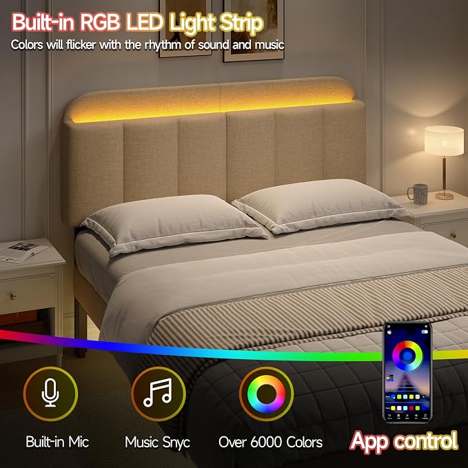 Queen Size Adjustable Headboard, Upholstered Headboard with Storage, APP Controlled LED Light, Padded Head Board Only, Sturdy Metal Foot Frame, Vertical Channel Design for Bedroom, Beige