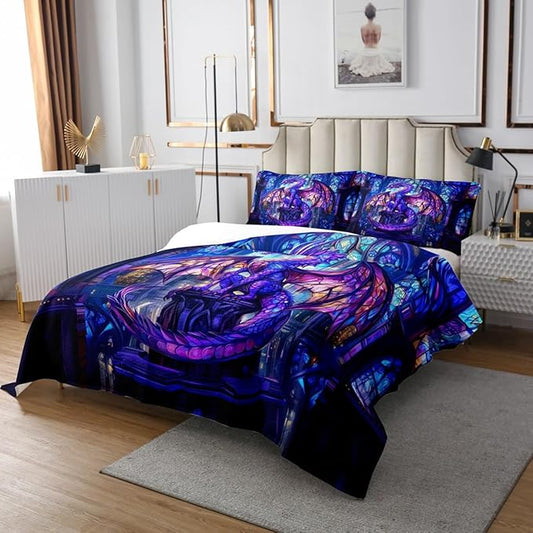 Western Dragon Kids Bedspread Twin Size,Flying Wing Purple Dragon Coverlet Set,Boys Girls Room Decor,Castle Tale Trippy Animal Geometric Quilted Coverlet,Blue Christmas Bedding Quilt,1 Pillowcase