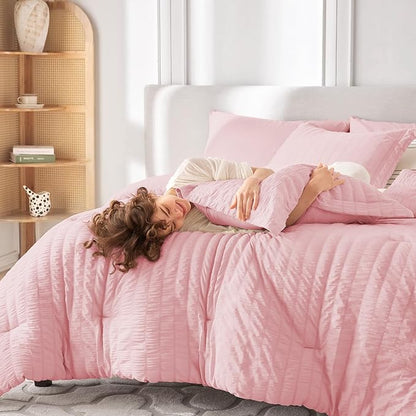 MUXHOMO 7 Pieces California King Comforter Set, Seersucker Bed in a Bag Cal King Size, All Season Luxury Bedding Set with Comforter, Flat Sheet, Fitted Sheet, Pillowcases & Shams, Pink