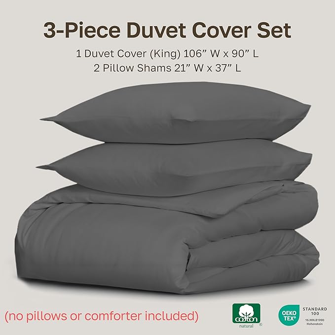 California Design Den 3 Pc Duvet Cover Set King - Winner Good Housekeeping Best Bedding Awards 2025, 400 Thread Count Sateen, 100% Cotton Duvet Covers, Button Closure, Corner Ties - Grey