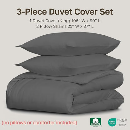 California Design Den 3 Pc Duvet Cover Set King - Winner Good Housekeeping Best Bedding Awards 2025, 400 Thread Count Sateen, 100% Cotton Duvet Covers, Button Closure, Corner Ties - Grey