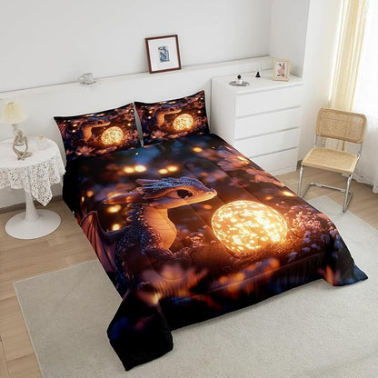 Castle Fairy Cute Dragon Egg King Size Comforter/Duvet Set,Cartoon Dragon Ultra Soft Bed Collection,Mysterious Wild Animals Bedding for Room Decor 3 Pcs,Microfiber Breathable
