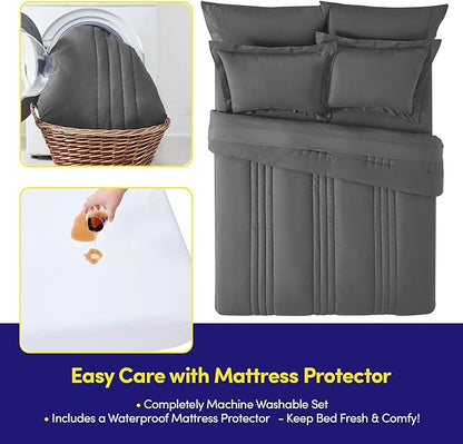 Queen Comforter Set Quilted Stripe Bedding Bundle – Comforter, Mattress Protector, Sheets with Pockets on the Side & Built-in Corner Strap – Fitted Sheet Media Pocket for Devices, Charcoal
