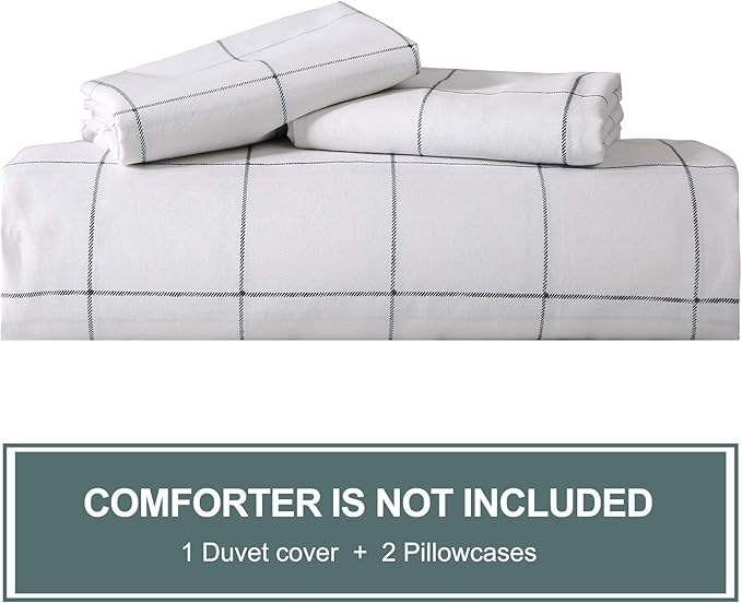 JELLYMONI 100% Natural Cotton 3pcs Plaid Duvet Cover Sets,White with Black Grid Geometric Pattern Printed Comforter Cover,with Zipper Closure & Corner Ties(King Size)