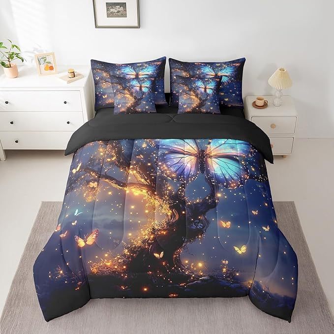 Feelyou Tree of Life Comforter Set 7 Pieces Queen Size Butterfly Bedding Set for Boys Girls Boho Bed in a Bag with Comforter, Sheets, Pillowcases & Cushion Covers