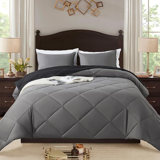 3-Piece Queen Comforter Set,All-Season,Soft & Hypoallergenic &Breathable Bedding,Polyester Quilted,Down Alternative(Comforter*1 & Pillowcases*2),Black/Dark Gray