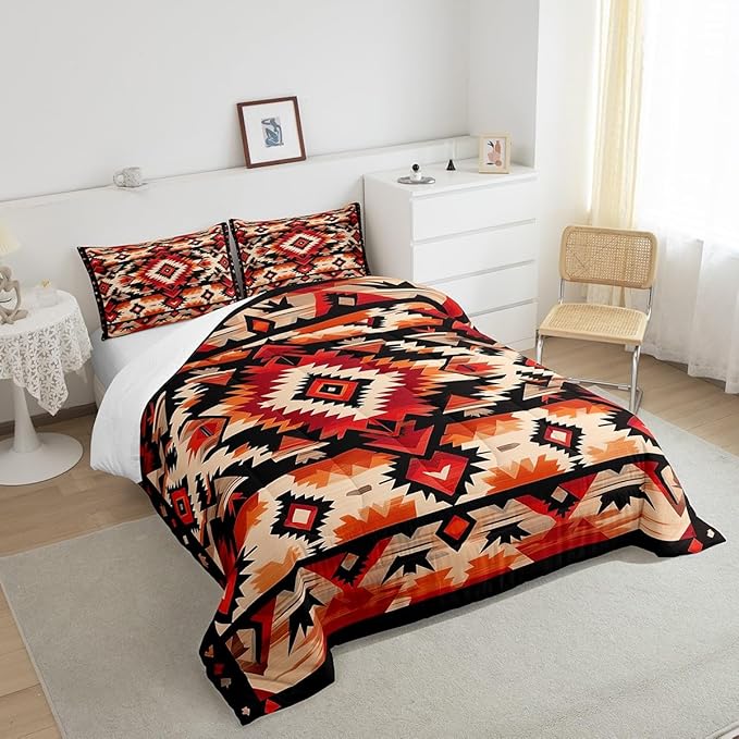 Feelyou Boho Comforter Set Twin Size Southwest Native American Design Comforter Southwestern Geometric Bedding Set Western Decor Duvet Set Room Decor Hot Orange Quilt Set