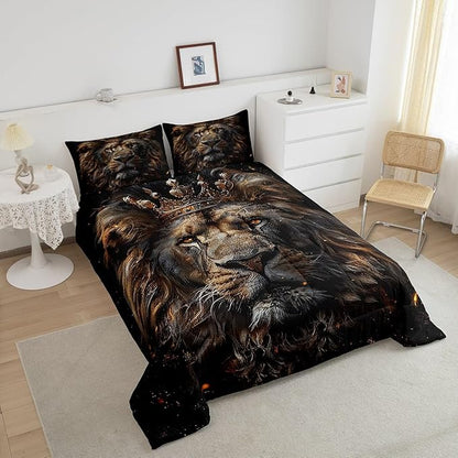 Castle Fairy 3D Lion Comforter Set Queen Size Wild African Animal Bedding Set Bedroom Decor Golden Glitter Crown Quilt Set Comfortable and Breathable Luxury Black Duvet Insert with 2 Pillowcases