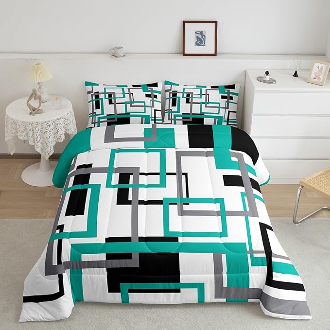 Erosebridal Square Comforter Set for Teens Youth,Black White Blue Bedding Set,Geometric Quilt Set Modern Bedroom Decor,Mid Century Grid Duvet Insert with 2 Pillowcases Lightweight Warm,Full