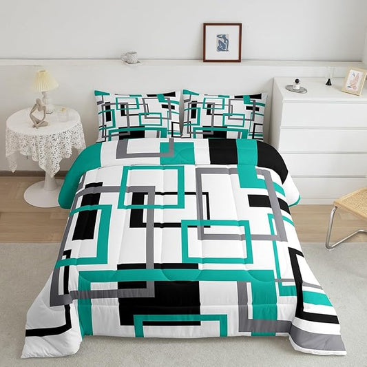 Erosebridal Square Comforter Set for Teens Youth,Black White Blue Bedding Set,Geometric Quilt Set Modern Bedroom Decor,Mid Century Grid Duvet Insert with 2 Pillowcases Lightweight Warm,Full