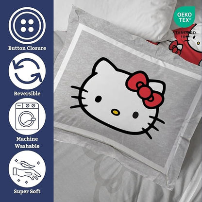 Jay Franco Duvet Cover Set – 2 Piece Comforter Cover and Sham Set, Super Soft Cozy Bedding (Insert Not Included) Grey - Hello Kitty, Twin