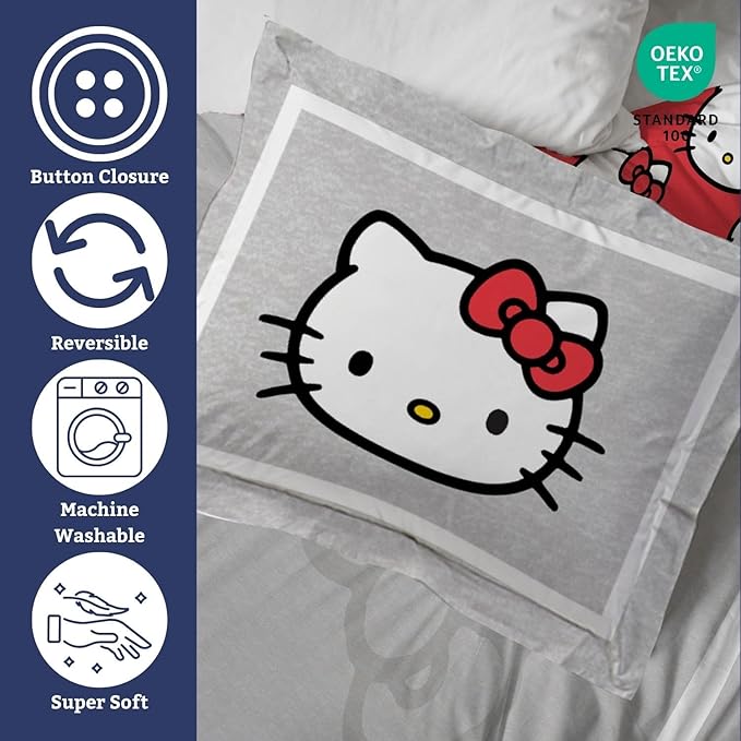 Jay Franco Duvet Cover Set – 3 Piece Super Soft Bedding with Sham Pillowcase, Cover ONLY Comforter Not Included, Grey - Hello Kitty, Queen