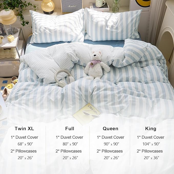 EAVD Retro Blue Striped Duvet Cover Twin Soft Washed Microfiber Reversible Vertical Striped Percale Bedding Set with 2 Pillowcases Farmhouse Geometric Pattern Duvet Cover with Zipper Closure