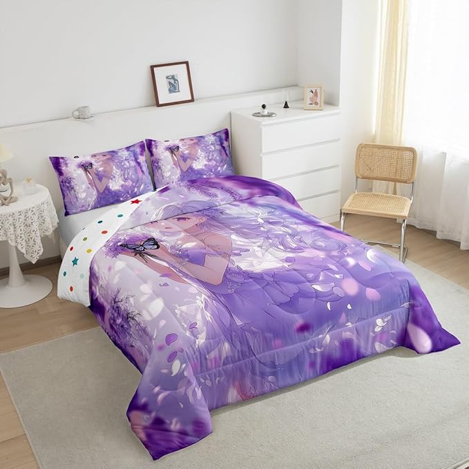 Erosebridal Cute Kawaii Anime Girl Bedding Set Japanese Style Anime Kids Down Comforter Cartoon Print Queen Comforter Set Purple Romantic Flower Butterfly Bed Set 2 Pillow Cases