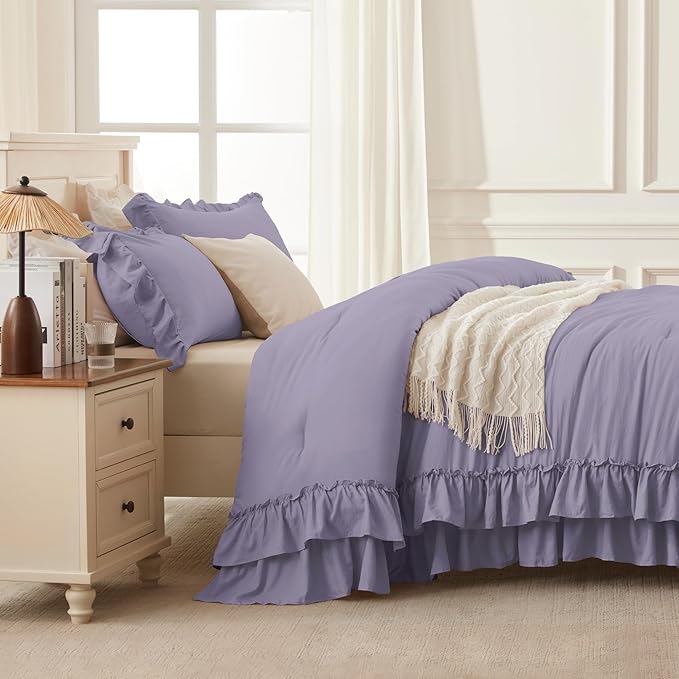 Andency Grayish Purple Ruffle Comforter Set King, Shabby Chic Farmhouse Bedding Comforter, Soft Lightweight Fluffy Polyester Bet Set All Season 3 Pieces Solid Comforter Set