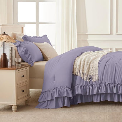 Andency Grayish Purple Ruffle Comforter Set King, Shabby Chic Farmhouse Bedding Comforter, Soft Lightweight Fluffy Polyester Bet Set All Season 3 Pieces Solid Comforter Set