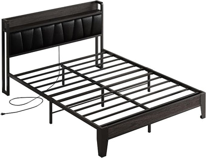 LIKIMIO Full Size Bed Frame, PU Leather Storage Headboard with Charging Station, Solid and Stable, Noise Free, No Box Spring Needed, Easy Assembly, Black