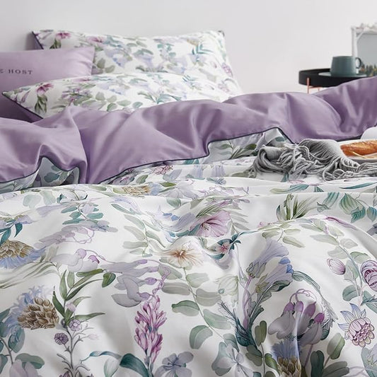 mixinni Garden Style Purple Floral Printed on White Duvet Cover Queen Size Flower Leaves Pattern Long Staple Cotton Bedding Set with Zipper Ties for Him and Her, Easy Care, Soft and Breathable
