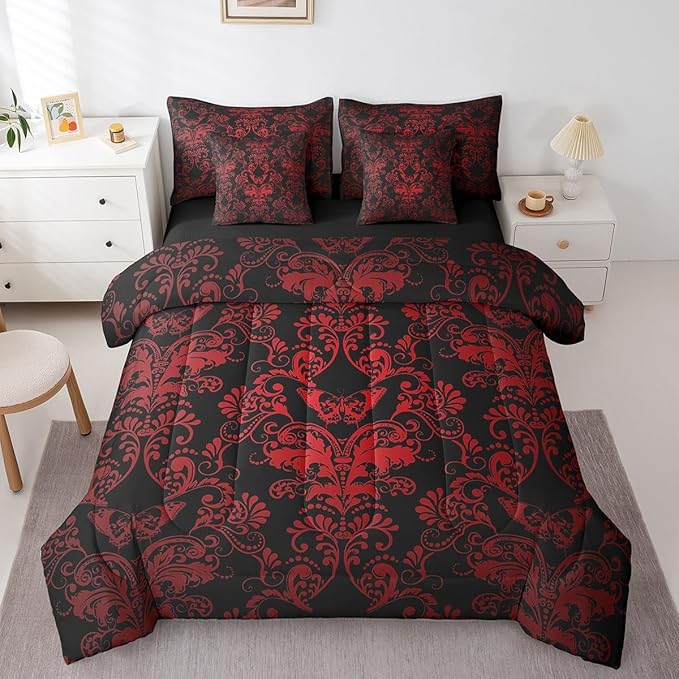 Erosebridal Gothic Damask 7 Piece Comforter Set Full Bed in a Bag,Butterfly Skull Bedding Sets Red Black Victorian Floral Goth Sheet Set with Comforter