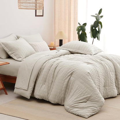 CozyLux Twin XL Comforter Set with Sheets Seersucker Beige 5 Pieces Bed in a Bag, Twin Extra Long Luxury Soft Bedding Sets for College Dorm with Down Alternative Comforter, Sheets, Pillowcase & Sham