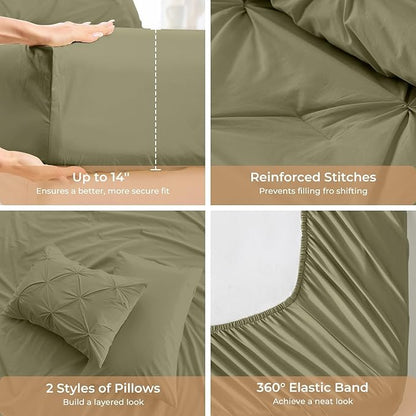 Sasttie King Size Comforter Set, 7-Piece Bed in a Bag, Pintuck Bedding Sets for All Season, Includes Comforter, Flat Sheet, Fitted Sheet, Pillowcases and Pillowshams, Olive Green