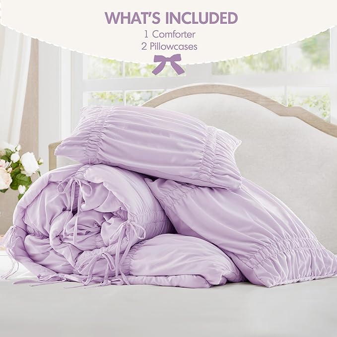 Intelligent Design King Comforter Set Ruched Shabby Chic Comforters for King Size Bed, All Season Lightweight Purple Ruffle, French Country Bedding Set, Shams, Ella, King/Cal King, Lavender 3 Piece