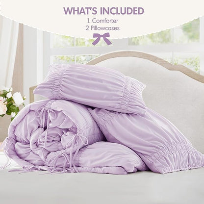 Intelligent Design King Comforter Set Ruched Shabby Chic Comforters for King Size Bed, All Season Lightweight Purple Ruffle, French Country Bedding Set, Shams, Ella, King/Cal King, Lavender 3 Piece