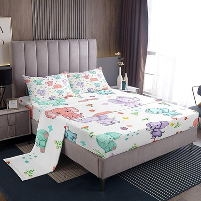 Cartoon Elephant Bed Sheet Set for Kids,Watercolor Flowers Leaves Butterfly Sheets Set,Cute Wild Animal Elephants Home Decor Sheet Sets with Deep Pocket,Top Sheet,1 Pillow Case,Twin
