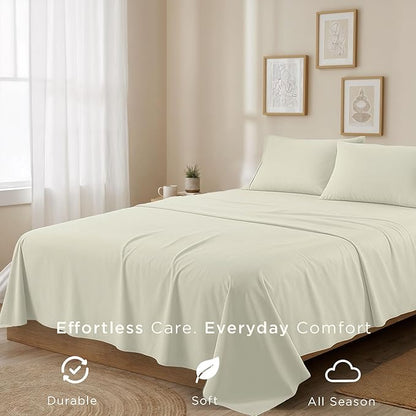 Threadmill Cotton Twin Sheet Set | 100% Cotton Sheets for Twin Size Bed | Solid Sateen Twin Bed Sheets Set with 16” Deep Pocket | Soft Breathable 3-Piece Cooling Sheet Set | Ivory