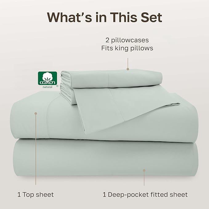 California Design Den - King Cotton Sheets Set, Soft 100% Cotton Sheets, Deep Pockets Snug Fit Elastic, 500 Thread Count Sateen Sheet Sets for Bed (Silver Sage)