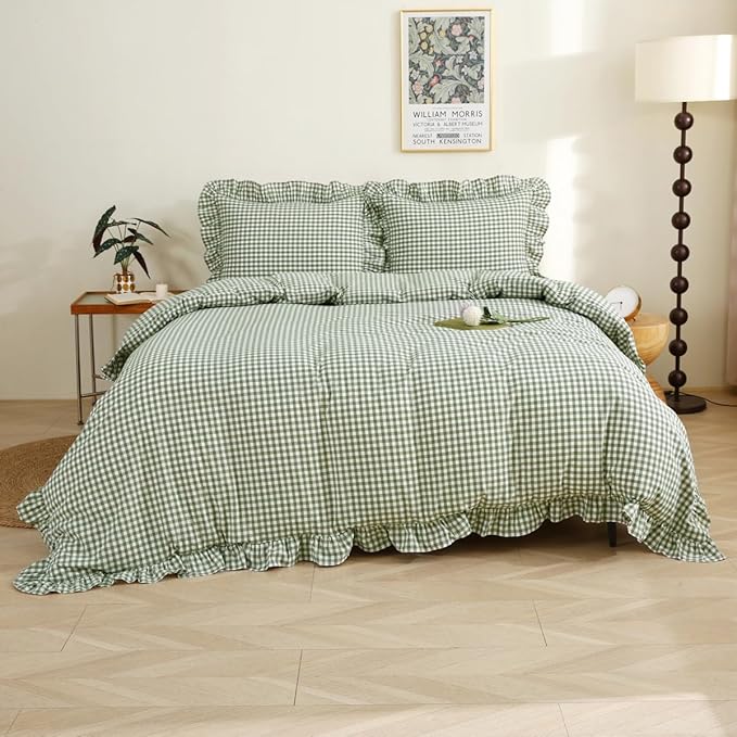 Sage Green/White Plaid Ruffle Duvet Cover King Size,100% Washed Cotton 3 Pcs Vintage Checkered Chic Gingham Farmhouse Bedding Set Comforter Cover Set