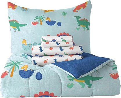 Dream Factory Kids 7-Piece Complete Bed Set Easy-Wash Super Soft Microfiber Comforter Bedding, Full, Blue Sweet Dino