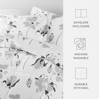 LINENS & HUTCH Comforter Set Patterned Microfiber All Season Down-Alternative Ultra Soft Bedding in Magnolia - Full/Queen Magnolia Light Gray