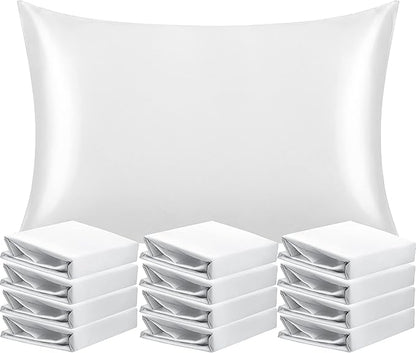 NTBAY 12 Pack Satin Queen Pillowcases for Hair and Skin, Luxurious and Silky Pillow Cases with Envelope Closure, 20 x 30 Inches, White