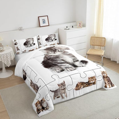 3D Cats Print Comforter Set King,Cute Pet Theme Bedding Set for Boys Girls Teens Bedroom Decor,Lovely Kittens Kids Cartoon Animal Quilt Set Super Soft Duvet Set,Gift for Her Him