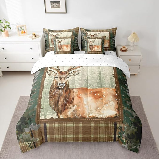 Erosebridal Elk Deer Comforter Set 7 Piece Bed in a Bag Twin,Woodland Animals Bedding Sets Camouflage Sheet Set with Comforter