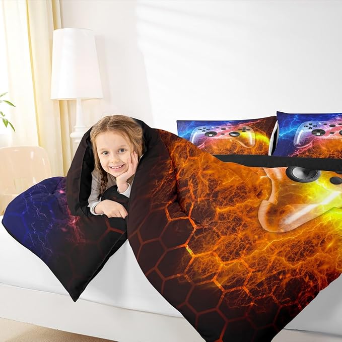 Erosebridal Gaming Bedding Set for Kids Boys Gamer Comforter Set Twin Size,Green Blue Lighting Gamepad Bedding for Teens Honeycomb Game Room Decor,Soft Neon Console Quilt Duvet 2Pcs