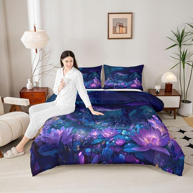 Feelyou Dragon Comforter Set King Size Dragon Stuff Bedding Set for Kids Boys Girls Wild Life Duvet Quilt Magic Wildlife Bedroom Decor Purple and Black Microfiber 3 Pcs with 2 Pillow Cases