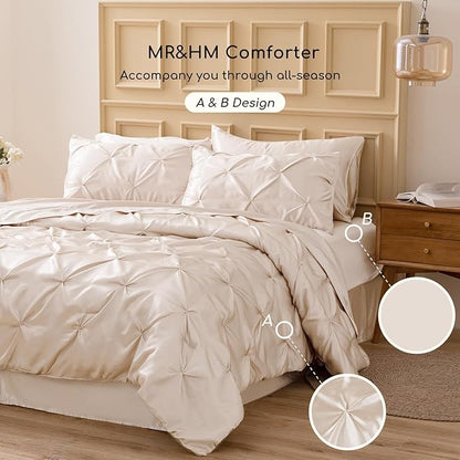 MR&HM Satin Comforter King 7 Pieces - Luxurious Pinch Pleat Bedding Set with Comforter, Flat Sheet, Fitted Sheet, Pillowcases & Shams, Super Silky Soft Bed Set for All Season (King, Beige)