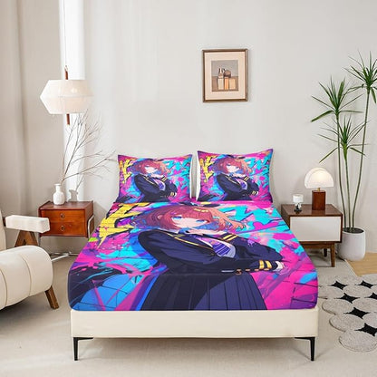 Erosebridal Girls Japanese Anime Bedding Set Twin, Kawaii Anime Girl Fitted Sheet Cartoon Girl Bed Sheets for Kids Teens Adult, Japanese Animation Sci Fi Style Sheets, 1 Pillow Case