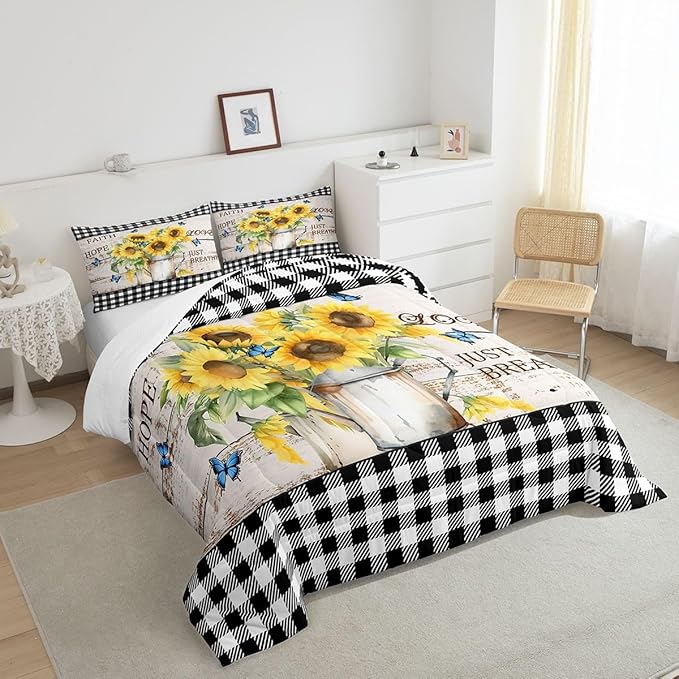 Castle Fairy Yellow Sunflowers Twin Size Down Comforter Set,Rustic Farmhouse Style Duvet/Quilt Set Soft Bed Collection,Black White Plaid Retro Gingham Bedding Comforter for Boys Girls Bedroom,2 Pcs