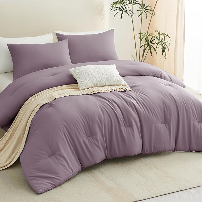CozyLux Queen Comforter Set Dusty Purple, 3 Pieces Solid Comforters Queen Size Breathable Bedding Sets, Grayish Purple Luxury Soft Lightweight Bed Set with Down Alternative Comforter and 2 Pillowcases