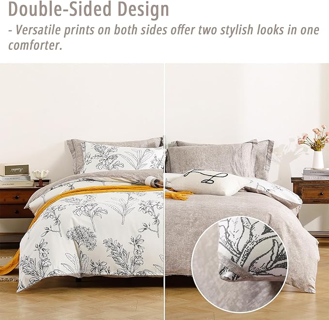 Floral Cotton Comforter King Size 3Pcs - Vintage Design with Luxurious Black Sketched Flowers & Leaves on Cream, Retro Taupe Reversible Lightweight Bedding Sets with Soft Fill(104"×90")