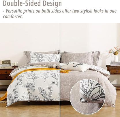 Floral Cotton Comforter King Size 3Pcs - Vintage Design with Luxurious Black Sketched Flowers & Leaves on Cream, Retro Taupe Reversible Lightweight Bedding Sets with Soft Fill(104"×90")